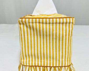 Golden Mustard Stripe Hand Block Printed Ruffle Tissue Box Cover Indian Handmade Cotton Tissue Holder Boho Square Napkin Sleeve Gift for Her