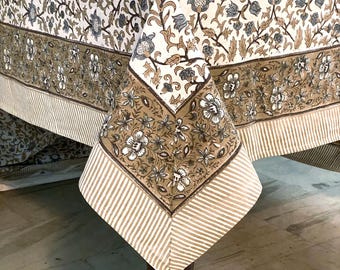 Latte Brown Floral Block Print Cotton Oblong Tablecloth, Indian Handmade Banquet Table Linen, Boho Wedding & Farmhouse Dining Table Cover