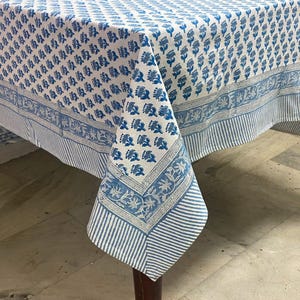 French Blue Floral Hand Block Printed Cotton Tablecloth, Rectangular Indian Handmade Dining Wedding Table Cover, Boho Farmhouse Decor