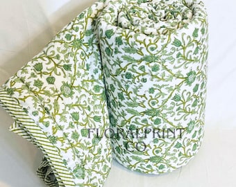 Trapunta in Cotone Stampata a Mano Verde Avocado, Copriletto Floreale Reversibile, Coperta Morbida e Leggera, Trapunta per Tutte le Stagioni