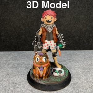 May include: A 3D model figurine of a cartoon character with red hair, wearing a brown vest, shorts with heart patterns, and spiky gloves. A cat figurine and a skull are also on the base. The text "3D Model" is at the top.