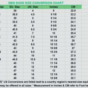 May include: A shoe size conversion chart for men, with US, EU, and UK sizes, inches, and centimeters. The chart includes sizes from US 5 (22.9 cm) to US 16 (32.1 cm). The text at the top reads "MEN SHOE SIZE CONVERSION CHART."