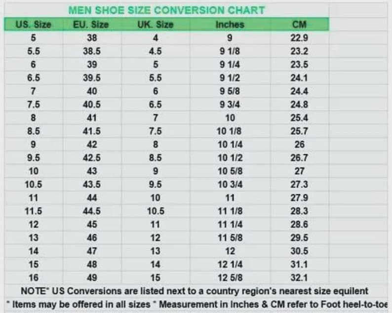 May include: A shoe size conversion chart for men, with US, EU, and UK sizes, inches, and centimeters. The chart includes sizes from US 5 (22.9 cm) to US 16 (32.1 cm). The text at the top reads "MEN SHOE SIZE CONVERSION CHART."