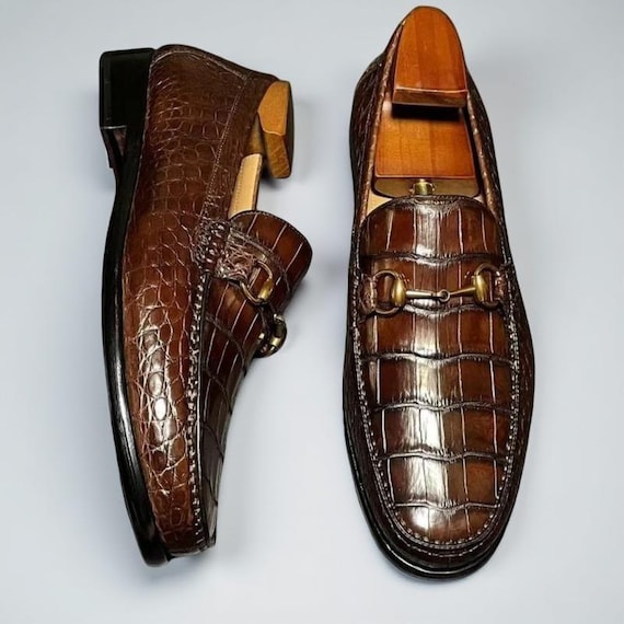 Genuine Crocodile Leather Horsebit Loafer Brown Men's Slip-on ShoesUS