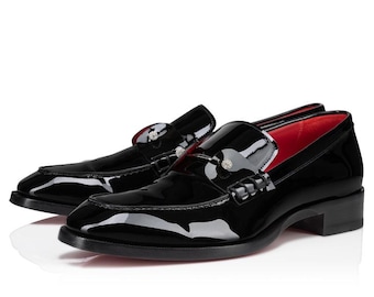 Christian Louboutin Black Patent Calf Leather Dress Shoes _ Red Bottom Loafers For Men