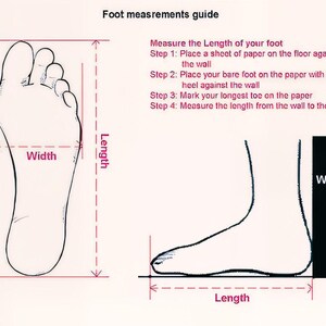 May include: A foot measurement guide with illustrations and instructions. The image shows a foot outline with length and width measurements, and a diagram of how to measure foot length against a wall. Text includes steps for accurate foot measurement.