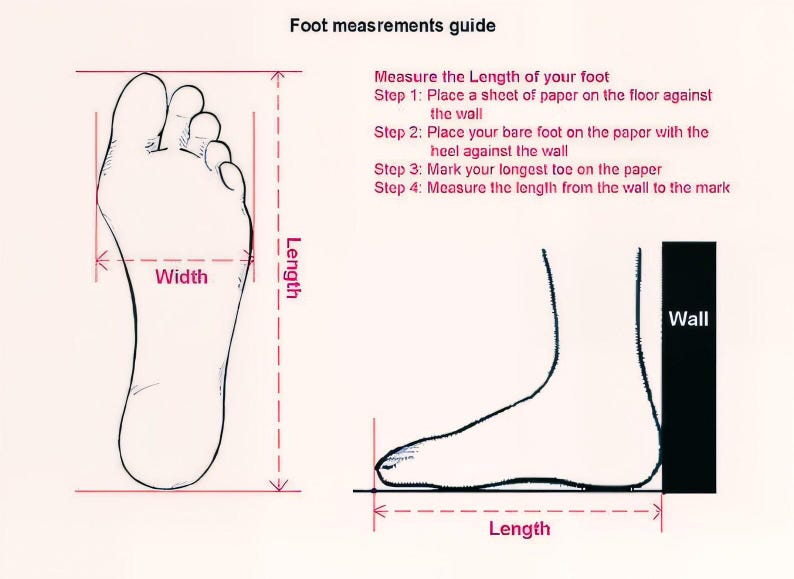 May include: A foot measurement guide with illustrations and instructions. The image shows a foot outline with length and width measurements, and a diagram of how to measure foot length against a wall. Text includes steps for accurate foot measurement.