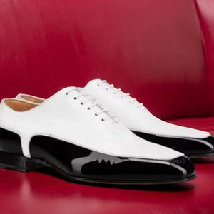 Men's Handmade Black & White Patent Leather Apron Toe Oxfords