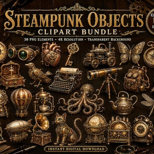 May include: A collection of steampunk-themed clipart objects in shades of gold and bronze. The image includes a variety of items such as clocks, goggles, a typewriter, a hot air balloon, a compass, and a butterfly. Text on the image reads "Steampunk Objects Clipart Bundle".