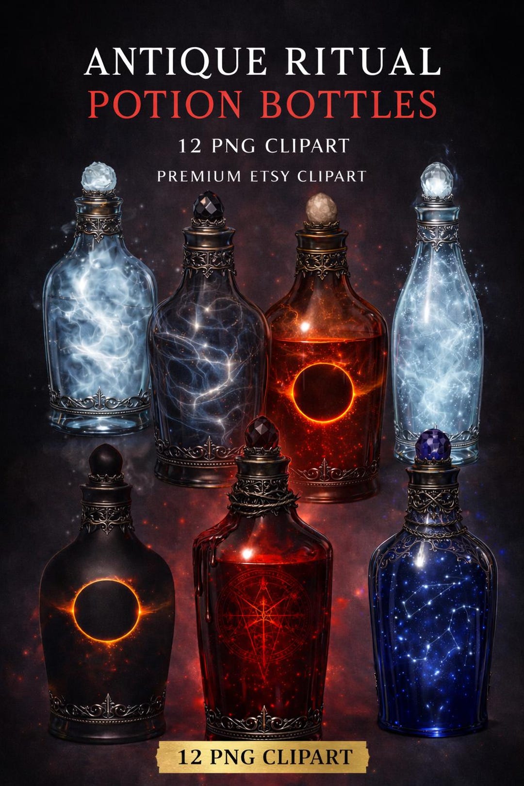 Rare Ritual Bottles Gothic Clipart Bundle – Dark Fantasy Apothecary PNG ...