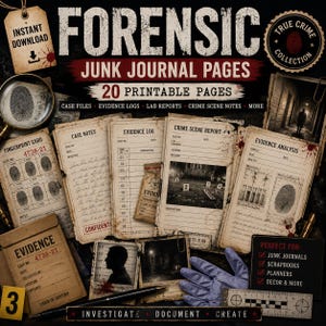 May include: A collection of 20 printable forensic junk journal pages featuring case files, evidence logs, lab reports, and crime scene notes. The set includes fingerprint cards, evidence bags, a magnifying glass, a black pen, and a blue glove.