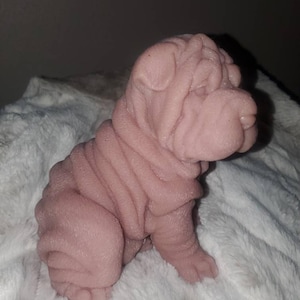 Cachorro de silicone da raça Shar Pei, tamanho grande de 23 cm, sentado com olhos abertos.