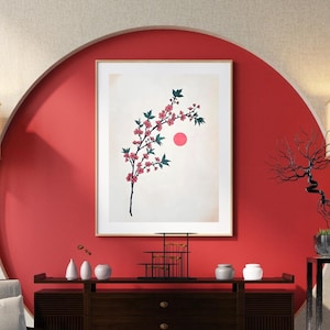 Japanese Sakura Wall Art | Minimalist Cherry Blossom Print | Red Sun Zen Poster | Japandi Floral Decor | Luxury Impasto Style Digital Art
