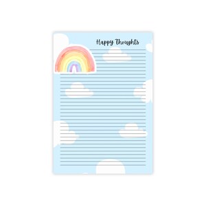 May include: A notepad with a light blue background, white clouds, and a watercolour rainbow sticker. The words "Happy Thoughts" are printed at the top. The notepad is designed for writing notes.