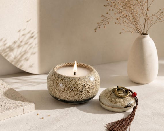 Minimale Keramik Soja Kerze mit Deckel, Elfenbein Efeu handgemachte Dekor, Aromatherapie Spa Meditation Geschenk