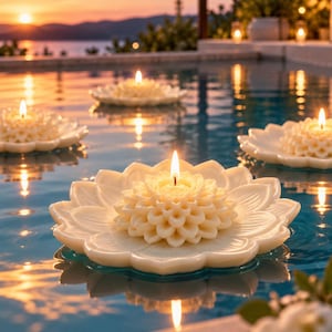 Può includere: Diverse candele galleggianti color bianco sporco a forma di loto con stoppini accesi sono posizionate sulla superficie di una piscina. Ogni candela presenta strutture a strati simili a petali che circondano una fiamma centrale.