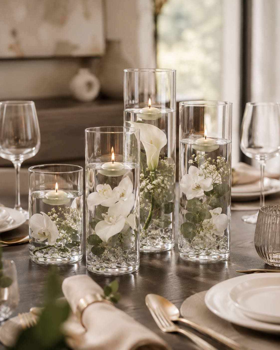 Salbeigrüne Schwimmkerzen mit Glaszylinderhaltern, Wasserkerzen für Blumenhochzeits-Mittelstück