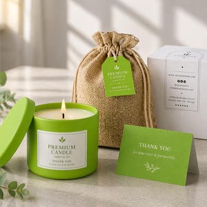 Può includere: Una candela verde accesa con coperchio, un sacco di iuta, una scatola bianca e un biglietto verde. La candela ha un'etichetta bianca con "PREMIUM CANDLE" e "THANK YOU". Il biglietto verde dice "THANK YOU for your trust & partnership".