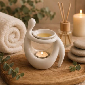 May include: A white ceramic oil burner featuring a stylised abstract figure holding a circular dish for essential oils. The base of the sculpture contains a small, lit tea light candle, providing heat to the oil in the top basin.