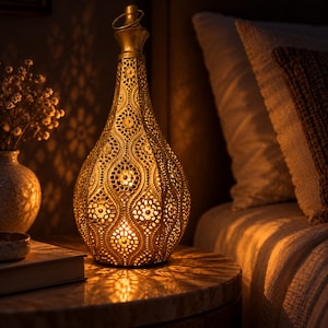 Antique Gold Moroccan Lantern, Teardrop Votive Candle Holder, Pierced Metal Riad Decor