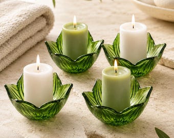 Juego de 2 portavelas de cristal verde salvia con forma de loto, para velas votivas y de té, regalo de decoración para spa