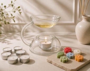 Glaswachs Schmelzbrenner Set, Ölbrenner Aromatherapie Diffusor, Beinhaltet 6 Teelichter & 6 Wachs Melts, Minimalistisches Wohnkultur Geschenk