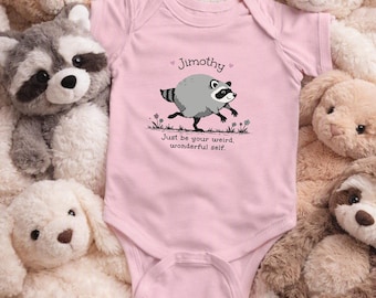 Jimothy the Lovable Seattle Raccoon Cute Woodland Baby Romper  Whimsical Raccoon Jumper Positive Infant Unique Seattle Gift