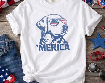 Camiseta con gafas de sol y la bandera estadounidense de Labrador Retriever – Camiseta patriótica para mamás de perros