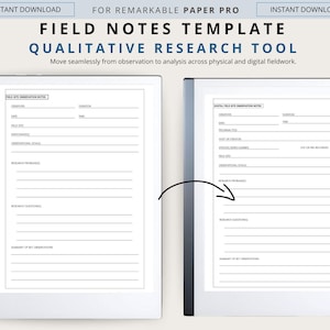 Könnte beinhalten: Eine digitale Vorlage für Feldnotizen für das Remarkable Paper Pro. Die Vorlage enthält Abschnitte für Beobachtungsdetails, Forschungsfragen und wichtige Beobachtungen. Der Text lautet "FIELD NOTES TEMPLATE QUALITATIVE RESEARCH TOOL".