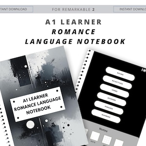May include: Two spiral-bound notebooks. One features a white rectangle with the text "A1 LEARNER ROMANCE LANGUAGE NOTEBOOK" on a gray and black abstract background. The other notebook is black with an index and the word "INDEX".