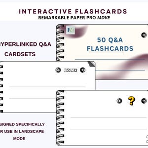 May include: Interactive flashcards for Remarkable Paper Pro Move. The image shows three digital flashcard designs with the text "50 Q&A Flashcards" and "50 Hyperlinked Q&A Cardsets". The design is specifically for use in landscape mode.