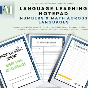 Op de afbeelding: Een Language Learning Notepad voor Remarkable Paper Pro Tablets. Het notitieblok bevat de tekst "Numbers & Math Across Languages". De afbeelding toont drie notitieblokken met verschillende wiskunde- en taalleeroefeningen.