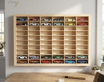 Wooden Hot Wheels Display Case | 60 Slot Diecast Car Storage Shelf | Wall Mounted Organizer