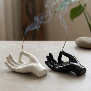 Ceramic Hand Incense Holder | Meditation Mudra Stick Burner (White or Black)