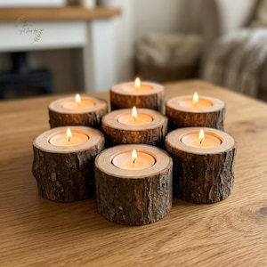 Portavelas rústicos de tronco de corteza / Juego de centro de mesa natural Hygge para bodas