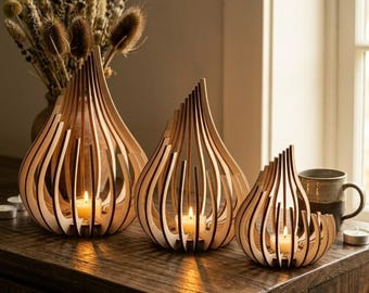 Faroles de madera de abedul natural / Decoración bohemia con efecto de sombra cortada con láser, regalo ideal para centro de mesa.