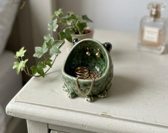 Ceramic Frog Trinket Dish | Speckled Green Glazed Jewelry Bowl, Key Catch-All
