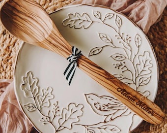 Personalized Name Olive Wood Serving Spoon & Towel Gift Set - Custom Engraved Housewarming Present