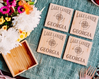 Lake Lanier Coasters  - Lake Lanier Decor - Bamboo Coasters Gift Set with Holder