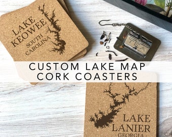 Custom Lake Coasters - Personalized Lake Cork Drink Coasters - Lake Lover Gift - Lake Decor - Custom Lake or River Coasters