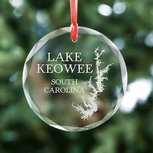 Lake Keowee Christmas Ornament - Lake Keowee Gift -  Crystal & Glass Keepsake Ornament - Lake Keowee Map - Oconee County, South Carolina