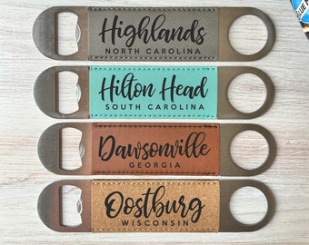 Custom City & State Name Bottle Opener - Leatherette and Cork Bottle Opener - Personalized Bottle Opener - Hometown - Gift for Groomsman