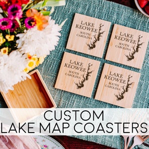 Sottobicchieri in bambù personalizzati con mappa del lago: decorazioni personalizzate per la casa sul lago