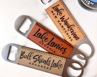 Custom Lake Name Bottle Opener - Lake Decor Leatherette and Cork Bottle Opener - Personalized Bottle Opener - Hometown - Gift for Boater