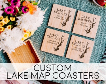 Custom Lake Map Coasters  - Personalized Lake Coasters - Custom Lake House Decor - Bamboo Coasters Gift Set with Holder