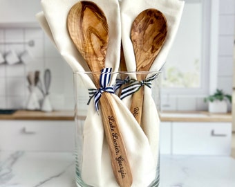 Custom Engraved Lake Name Olive Wood Serving Spoon & Towel Gift Set - Personalized Lake House Gift - Housewarming Present - Lake Lover Gift