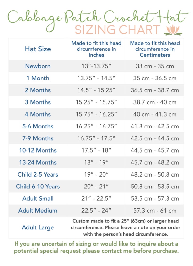 This is a chart that shows the different age-based hat sizes that we sell, as well as the target head circumference for each hat size.