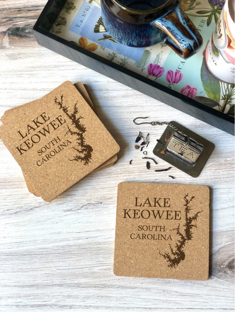 Custom Lake Keowee Coasters Personalized Lake Keowee South Carolina Cork Drink Coasters Lake Keowee Map Lake Lover Gift Lake Decor image 2