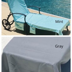 Mint and shark skin gray pool chair covers are shown on the same pool lounge chairs.