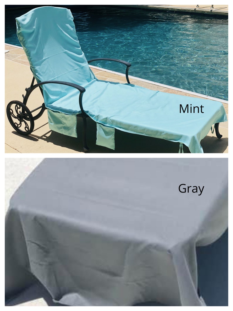 Mint and shark skin gray pool chair covers are shown on the same pool lounge chairs.